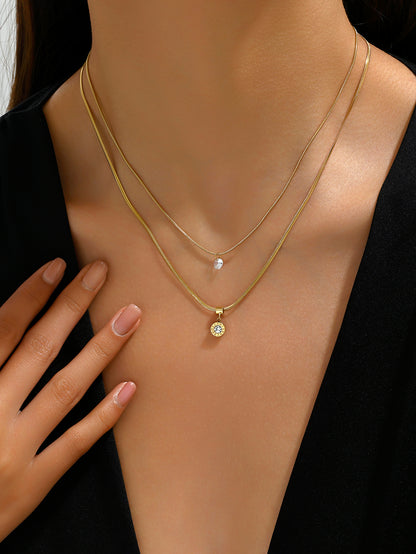 Simple Style Roman Numeral Stainless Steel Plating Inlay Zircon 14k Gold Plated Double Layer Necklaces