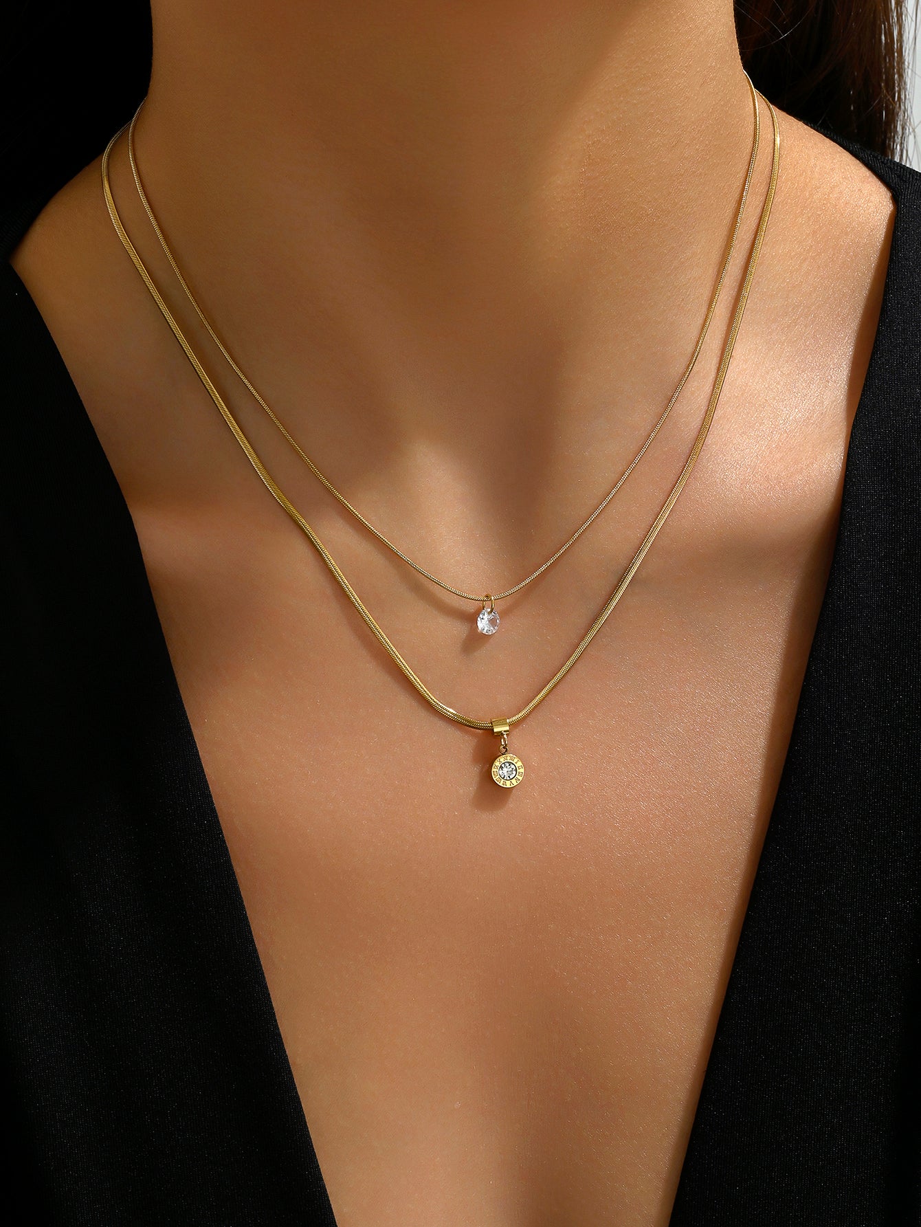 Simple Style Roman Numeral Stainless Steel Plating Inlay Zircon 14k Gold Plated Double Layer Necklaces