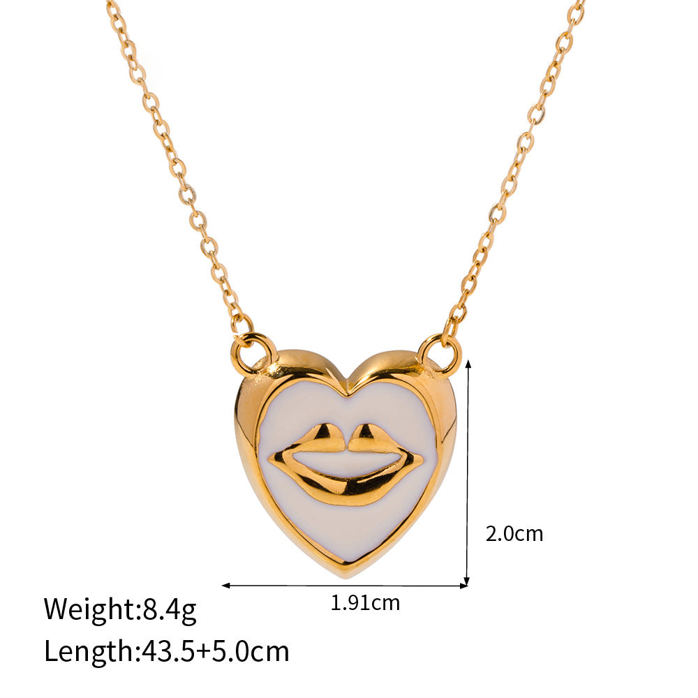Romantic Lips Heart Shape Stainless Steel Enamel Plating Inlay Artificial Pearls 18k Gold Plated Earrings Necklace