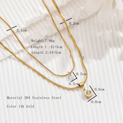 Simple Style Roman Numeral Stainless Steel Plating Inlay Zircon 14k Gold Plated Double Layer Necklaces