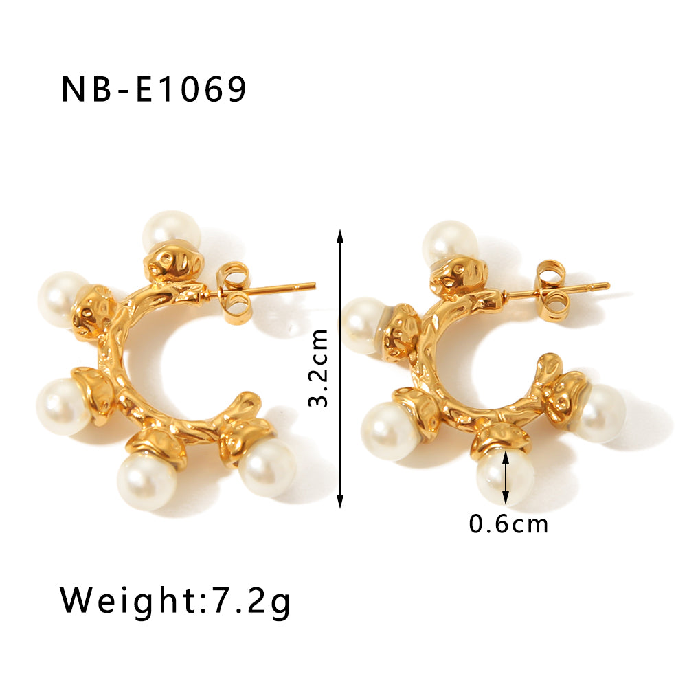 1 Pair Vacation Modern Style Simple Style C Shape Beaded Plating Inlay Stainless Steel Artificial Pearls Diamond 18k Gold Plated Ear Studs