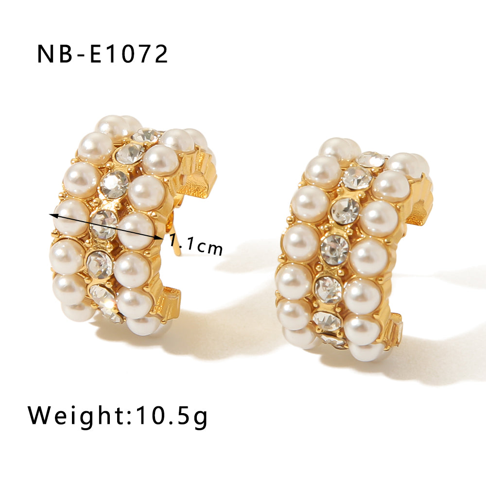 1 Pair Vacation Modern Style Simple Style C Shape Beaded Plating Inlay Stainless Steel Artificial Pearls Diamond 18k Gold Plated Ear Studs