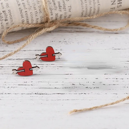 Retro Letter Heart Shape Strawberry Wood Ear Studs