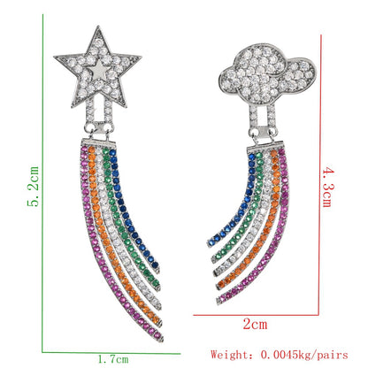 1 Pair Cute Luxurious Shiny Clouds Rainbow Star Asymmetrical Plating Inlay Copper Zircon White Gold Plated Drop Earrings