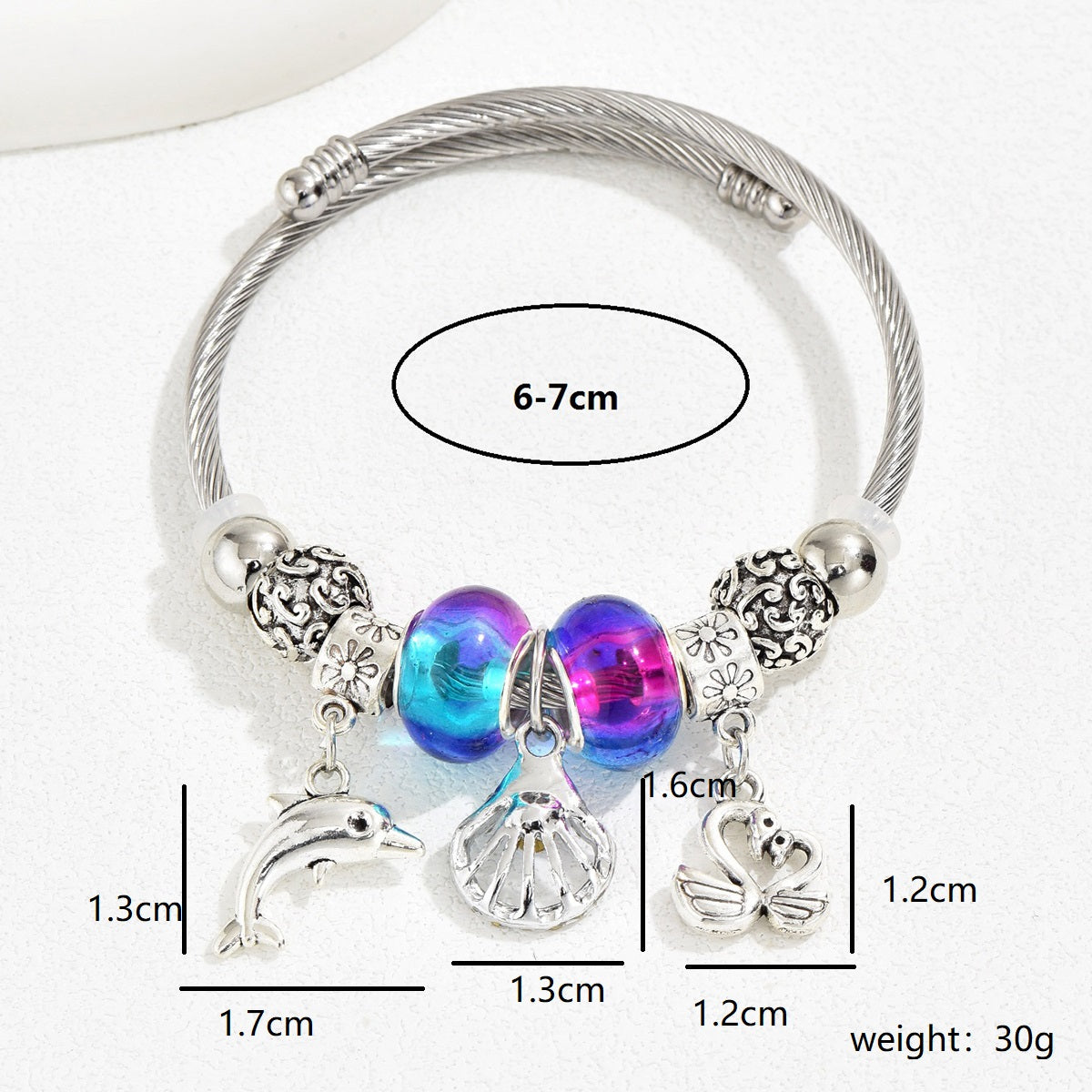 Cute Fashion Sweet Devil's Eye Feather Flower Stainless Steel Plating Inlay Zircon White Gold Plated Bangle