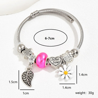 Cute Fashion Sweet Devil's Eye Feather Flower Stainless Steel Plating Inlay Zircon White Gold Plated Bangle