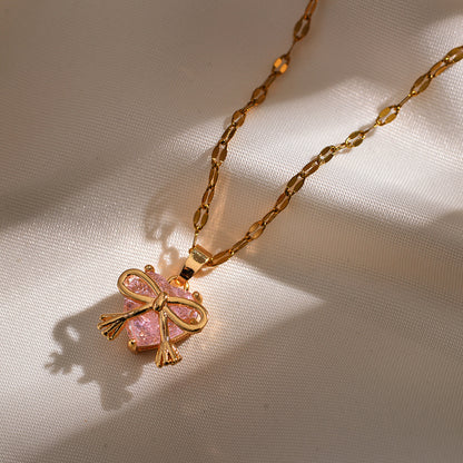 Lady Heart Shape Bow Knot Copper Plating Pendant Necklace