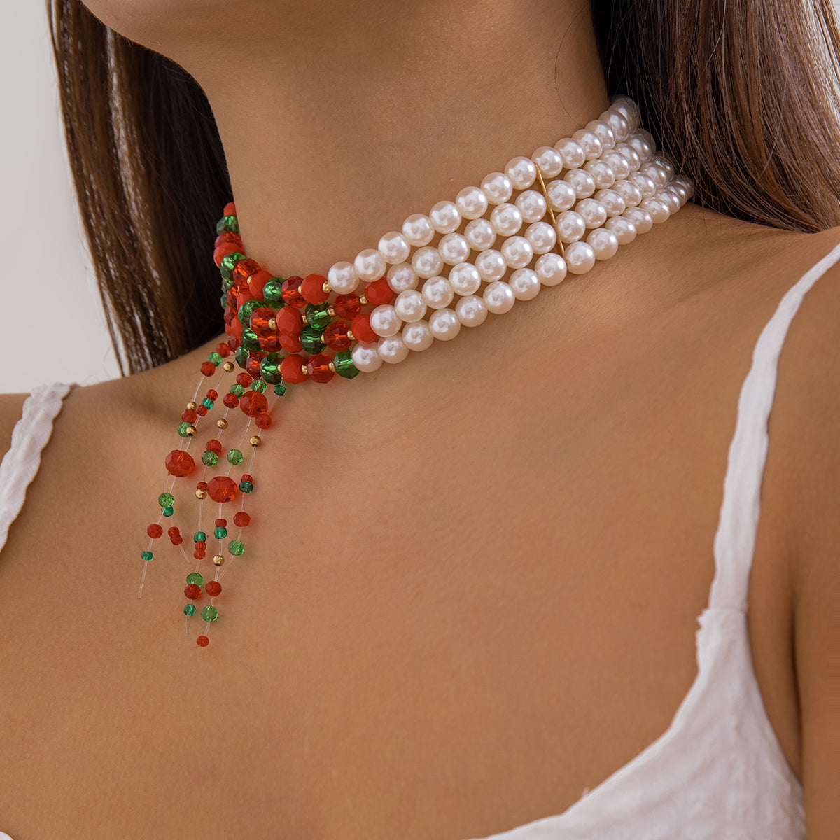 Casual Elegant Irregular Geometric Imitation Pearl Beaded Tassel Crystal Women's Choker