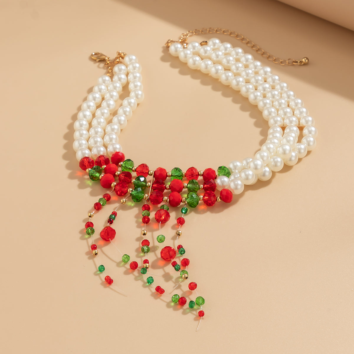 Elegant Irregular Geometric Imitation Pearl Beaded Tassel Crystal Tassel Women's Three Layer Necklace