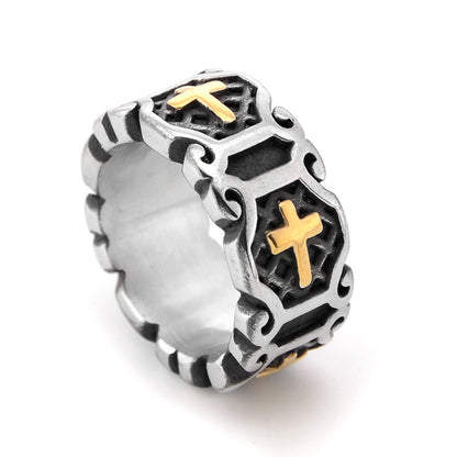 Retro Cool Style Cross Titanium Steel Polishing 18K Gold Plated Men'S Rings