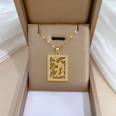 Chinoiserie Dragon Titanium Steel Copper Artificial Gemstones Pendant Necklace In Bulk