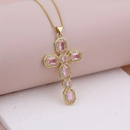 Lady Artistic Shiny Cross Copper 18k Gold Plated Zircon Pendant Necklace In Bulk