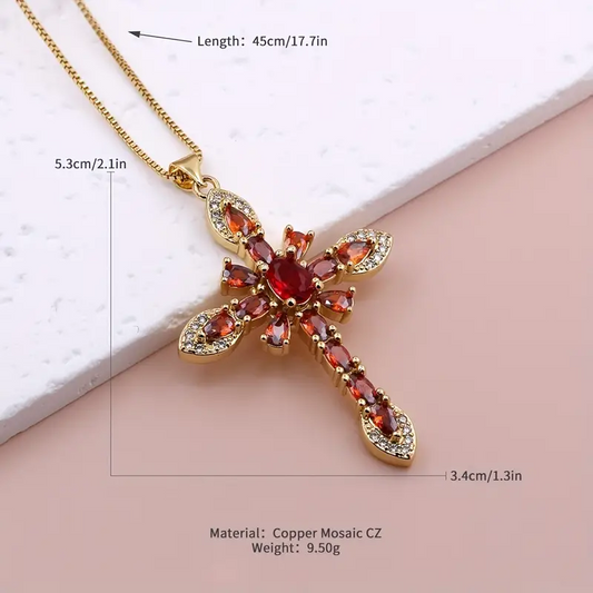 Glam Lady Shiny Cross Flower Copper 18k Gold Plated Zircon Pendant Necklace In Bulk