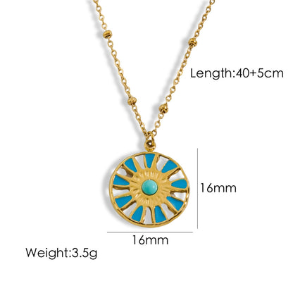 Sweet Sun Titanium Steel Enamel Inlay Natural Stone Pendant Necklace