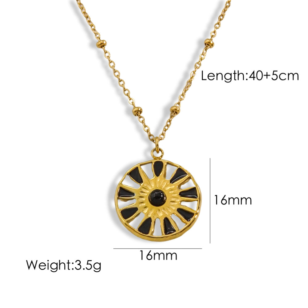 Sweet Sun Titanium Steel Enamel Inlay Natural Stone Pendant Necklace