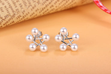 1 Pair Simple Style Pentagram Plating Inlay Copper Artificial Pearls White Gold Plated Ear Studs
