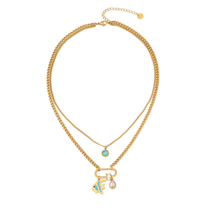 Commute Square Star Snake Stainless Steel Plating Inlay Turquoise Zircon Double Layer Necklaces