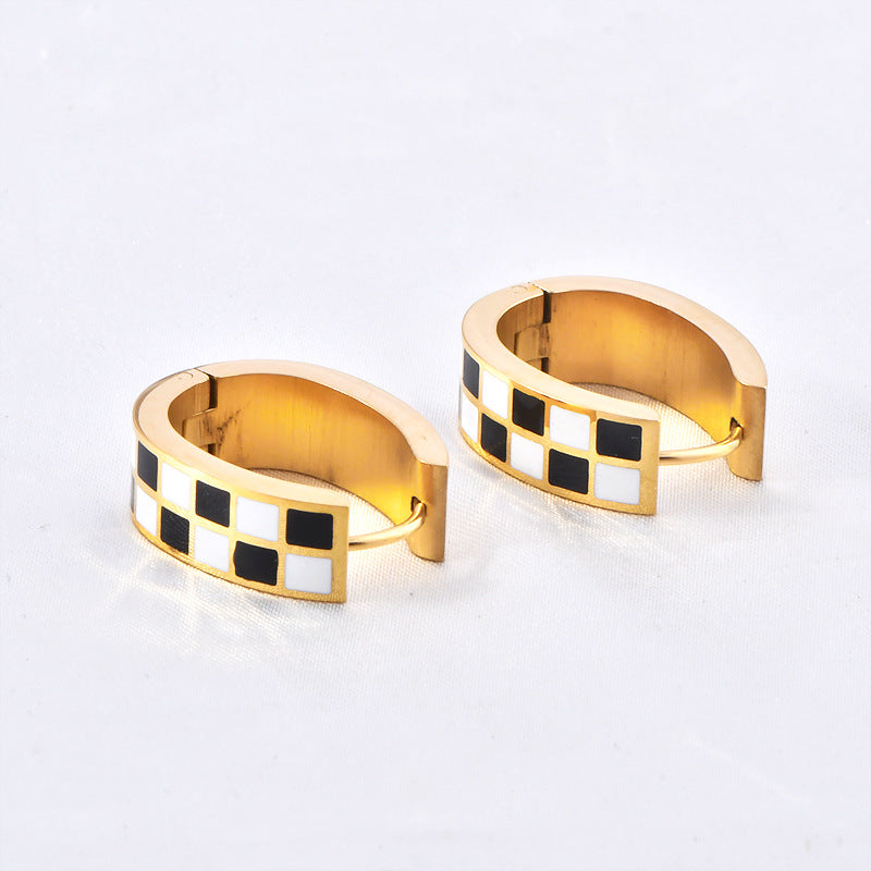 1 Pair Simple Style Checkered Enamel Plating Titanium Steel Earrings