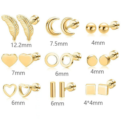 9 Pairs Simple Style Moon Tree Heart Shape Plating Stainless Steel 18k Gold Plated Ear Studs