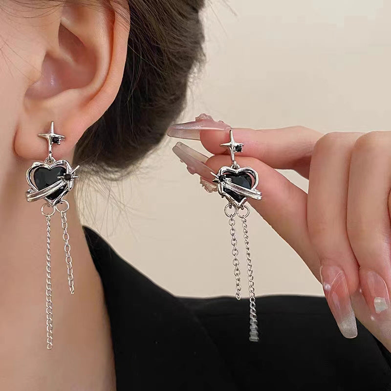 1 Pair Ig Style Simple Style Star Heart Shape Tassel Plating Inlay Alloy Rhinestones Diamond Silver Plated Drop Earrings