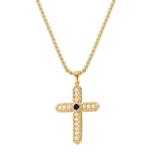 Elegant Cross Copper 18k Gold Plated Artificial Pearls Zircon Pendant Necklace In Bulk