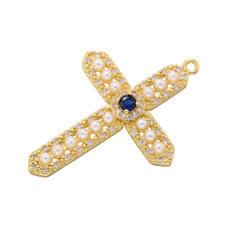 Elegant Cross Copper 18k Gold Plated Artificial Pearls Zircon Pendant Necklace In Bulk