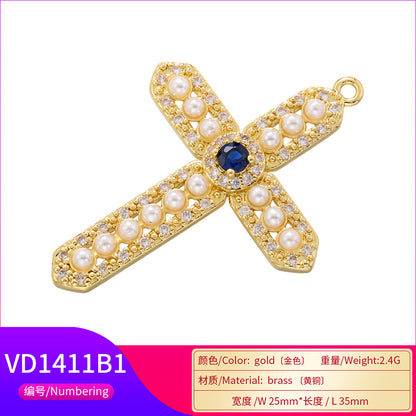 Elegant Cross Copper 18k Gold Plated Artificial Pearls Zircon Pendant Necklace In Bulk