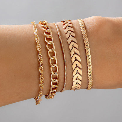 Simple Thick Chain Geometric Leaf Airplane Bracelet 4 Piece Set