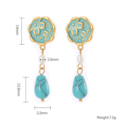 1 Pair Vintage Style Geometric Plating Inlay Stainless Steel Turquoise Opal Gold Plated Ear Studs