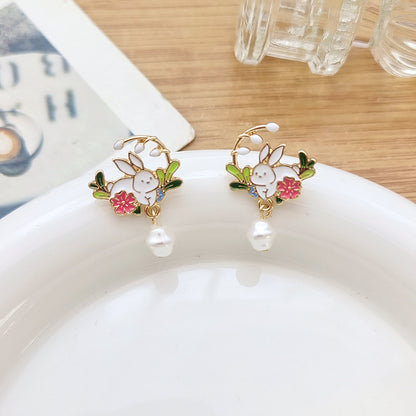 1 Pair Cute Sweet Rabbit Flower Enamel Pearl Plating Alloy Drop Earrings