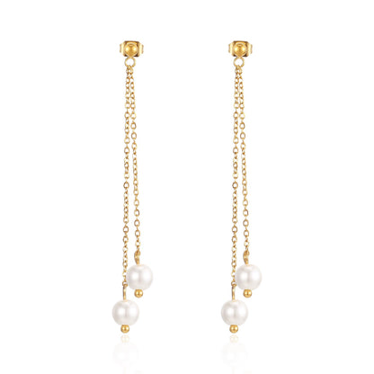 1 Pair Elegant Simple Style Geometric Tassel Plating Stainless Steel Artificial Pearls 18k Gold Plated Drop Earrings