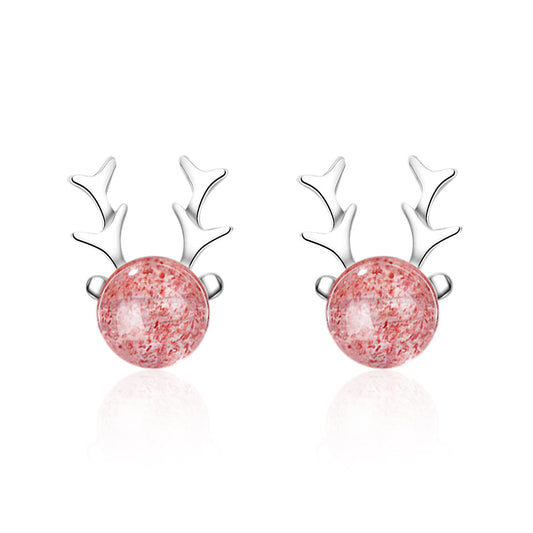 1 Pair Simple Style Classic Style Antlers Inlay Copper Strawberry Quartz Ear Studs