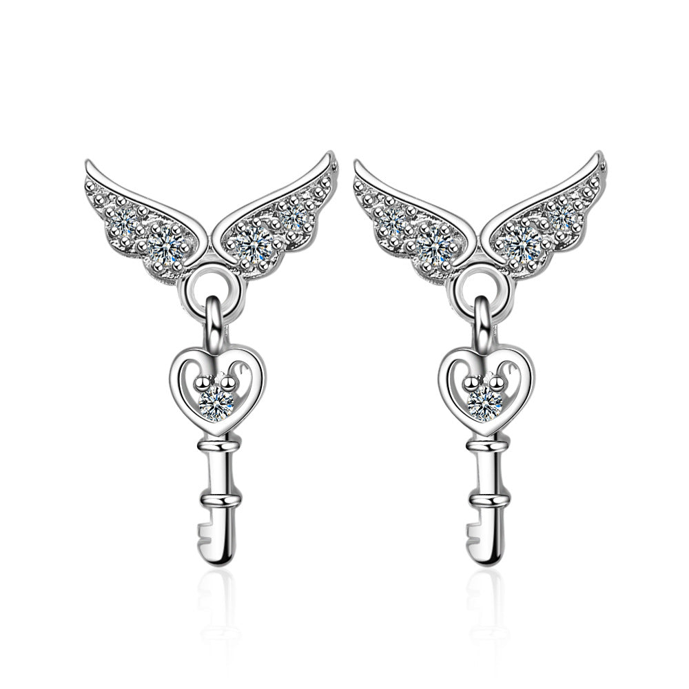 1 Piece IG Style Simple Style Heart Shape Wings Key Inlay Copper Zircon White Gold Plated Drop Earrings