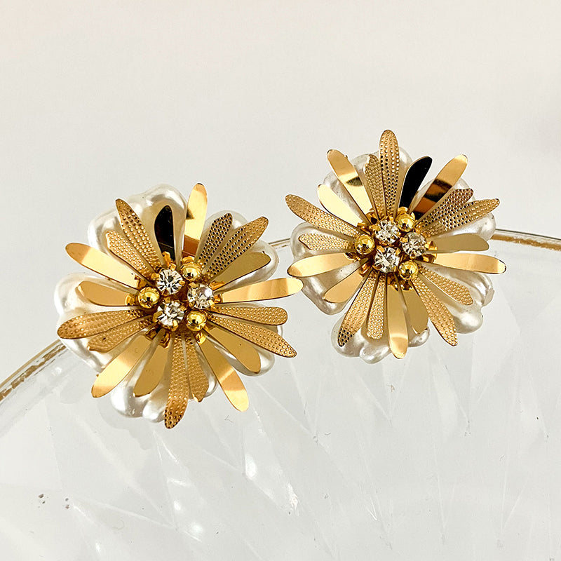 1 Pair Elegant Classical Romantic Flower Plating Inlay Stainless Steel Pearl Zircon Gold Plated Ear Studs