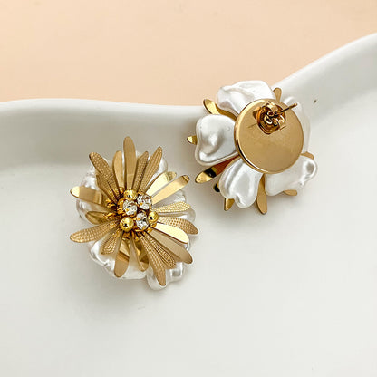 1 Pair Elegant Classical Romantic Flower Plating Inlay Stainless Steel Pearl Zircon Gold Plated Ear Studs