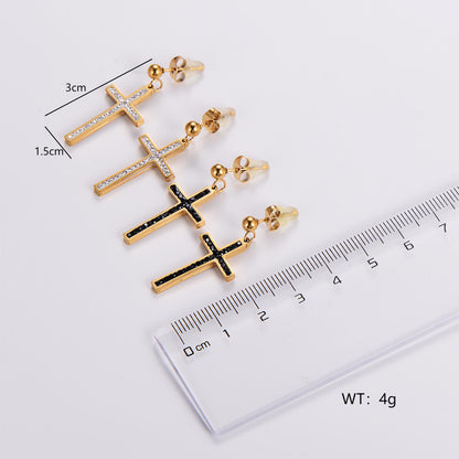 1 Pair Ig Style Simple Style Cross Plating Inlay Stainless Steel Rhinestones 18k Gold Plated Drop Earrings