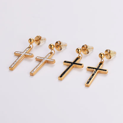 1 Pair Ig Style Simple Style Cross Plating Inlay Stainless Steel Rhinestones 18k Gold Plated Drop Earrings