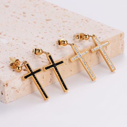 1 Pair Ig Style Simple Style Cross Plating Inlay Stainless Steel Rhinestones 18k Gold Plated Drop Earrings