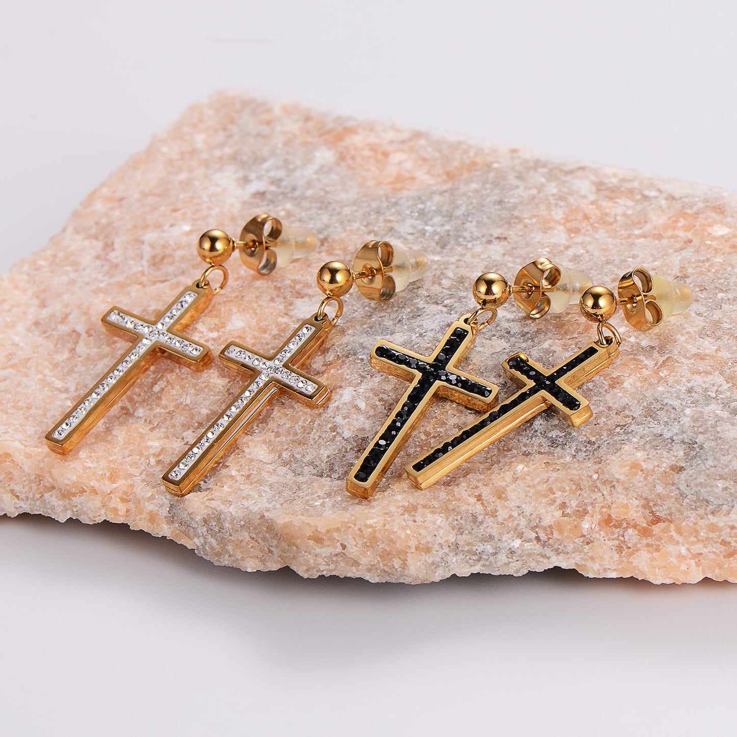 1 Pair Ig Style Simple Style Cross Plating Inlay Stainless Steel Rhinestones 18k Gold Plated Drop Earrings