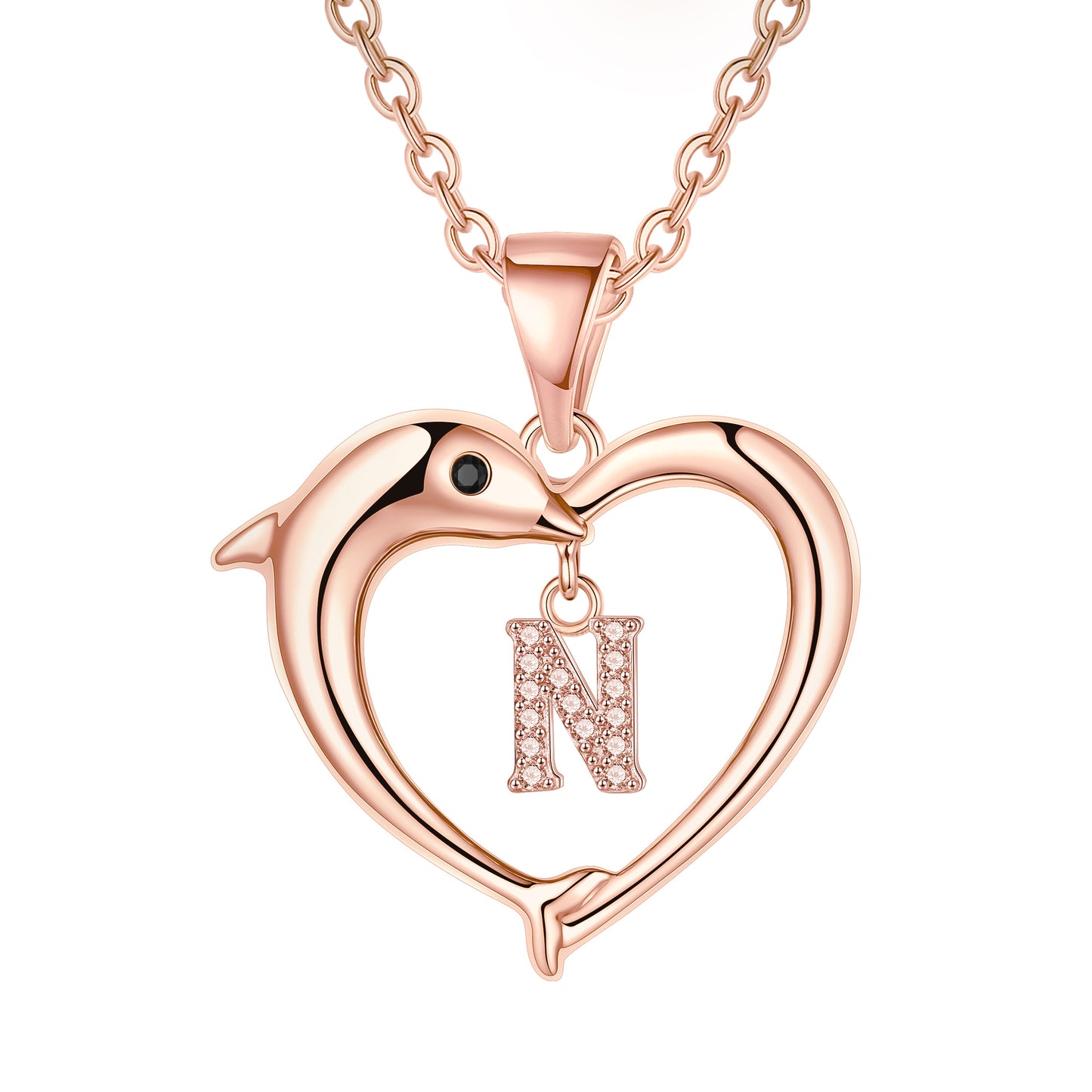 Lady Letter Dolphin Heart Shape Stainless Steel Copper Plating Inlay Zircon 14k Gold Plated Pendant Necklace