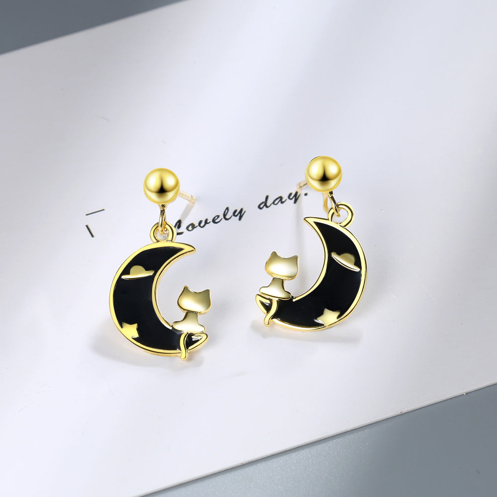 1 Pair Cute Moon Cat Epoxy Copper Drop Earrings