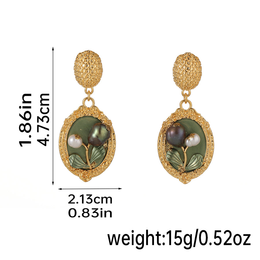 1 Pair Retro Pastoral Square Oval Flower Plating Hollow Out Inlay Copper Freshwater Pearl Shell 18k Gold Plated Drop Earrings