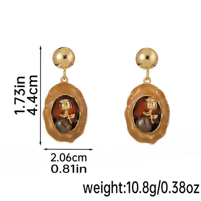 1 Pair Retro Pastoral Square Oval Flower Plating Hollow Out Inlay Copper Freshwater Pearl Shell 18k Gold Plated Drop Earrings