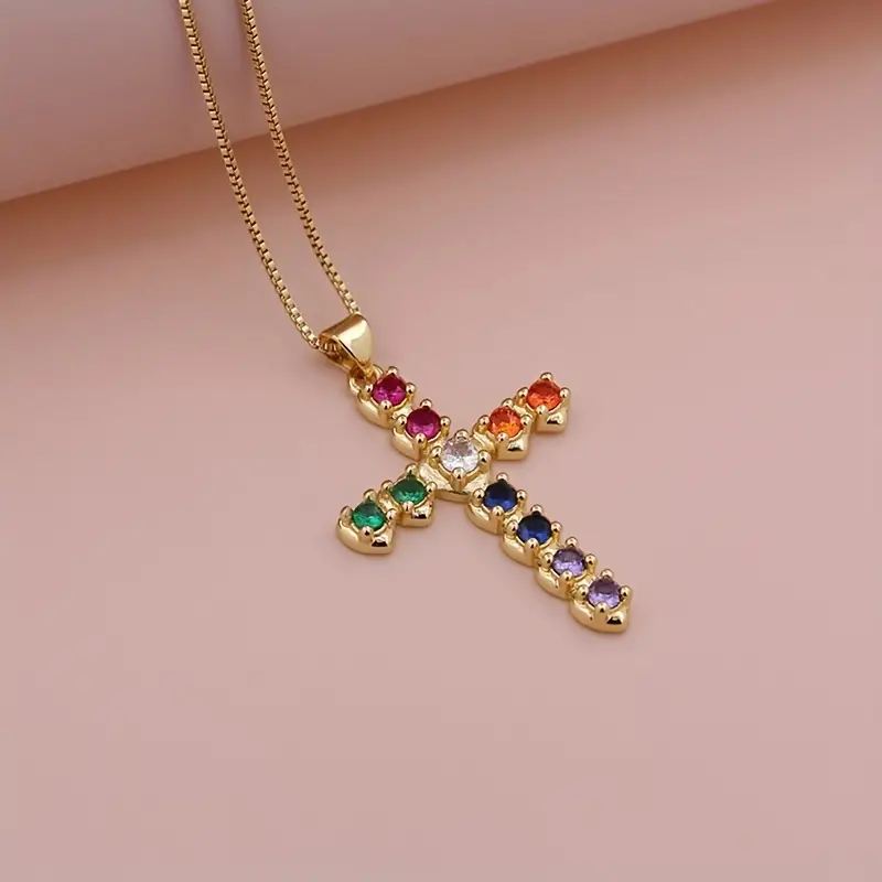 Glam Lady Shiny Cross Copper Plating Inlay Zircon 18k Gold Plated Pendant Necklace