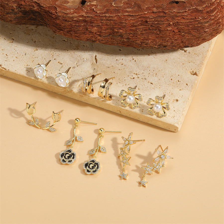 1 Pair Sweet Commute Star Flower Enamel Plating Inlay Copper Pearl Zircon 14k Gold Plated Drop Earrings Ear Studs