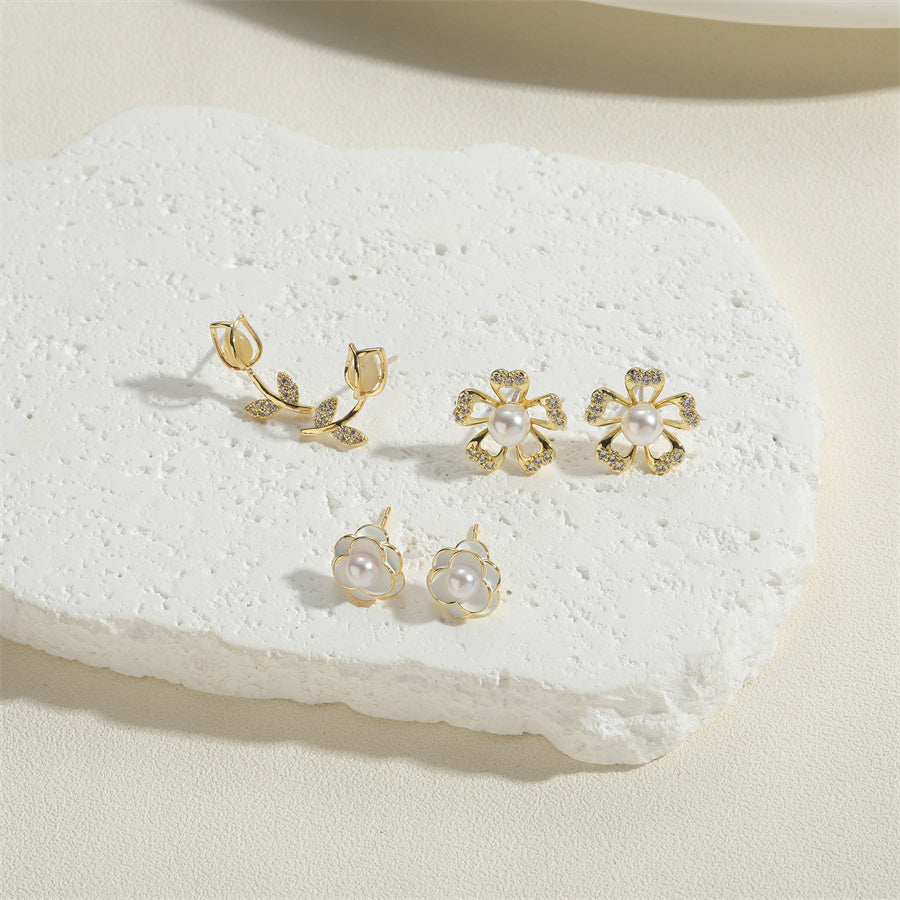 1 Pair Sweet Commute Star Flower Enamel Plating Inlay Copper Pearl Zircon 14k Gold Plated Drop Earrings Ear Studs