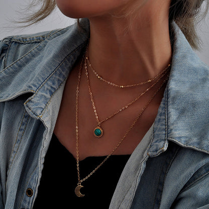 Streetwear Moon Alloy Plating Inlay Turquoise Women's Three Layer Necklace