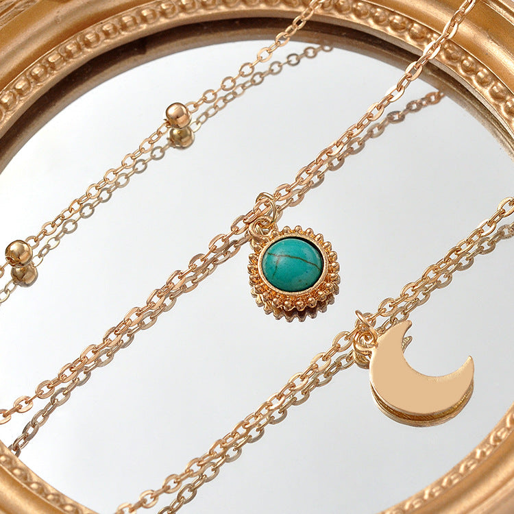 Streetwear Moon Alloy Plating Inlay Turquoise Women's Three Layer Necklace
