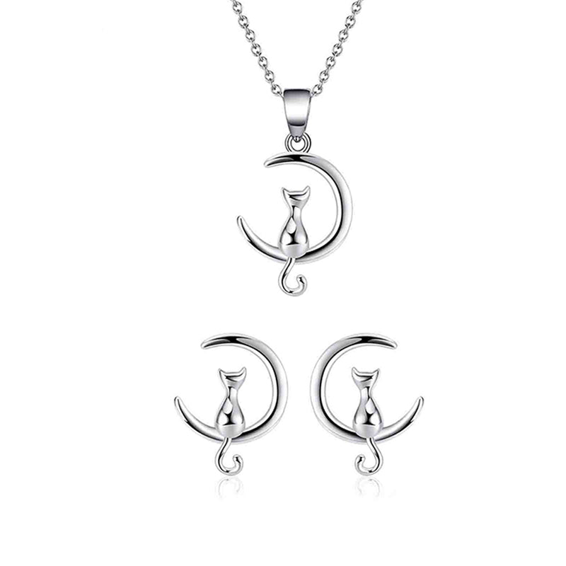 Elegant Simple Style Moon Cat Sterling Silver Plating Women's Earrings Necklace