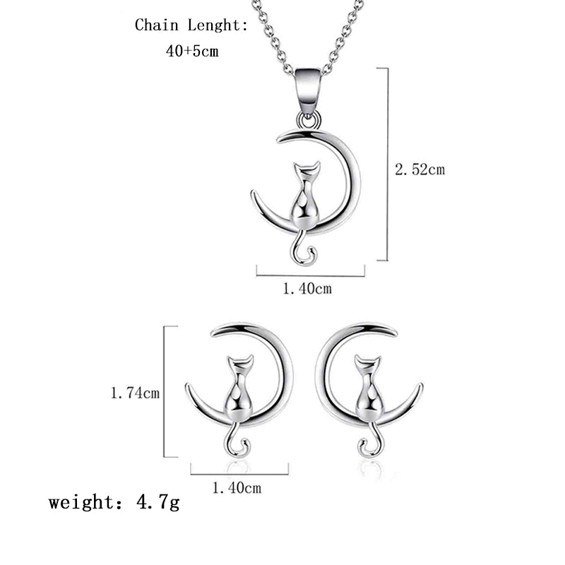 Elegant Simple Style Moon Cat Sterling Silver Plating Women's Earrings Necklace